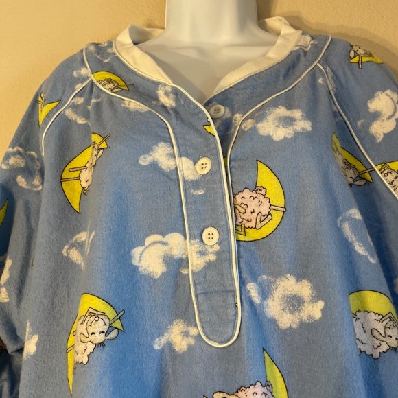Barbizon Flannel Counting Sheep Pajama Top Light Blue Yellow Satin Vintage 1X - Picture 2 of 6